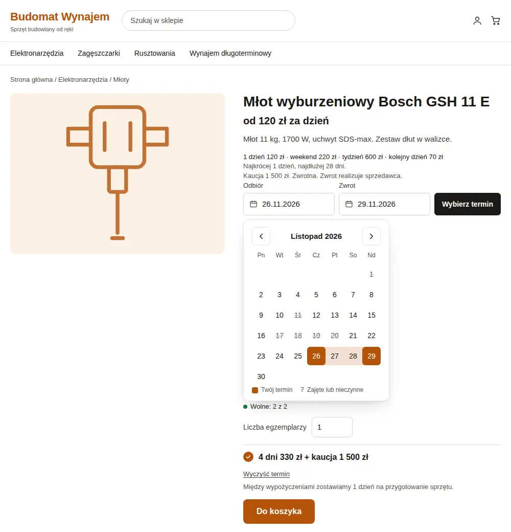 Młot wyburzeniowy w sklepie ze sprzętem budowlanym, kalendarz z polami od–do i ceną za 4 dni