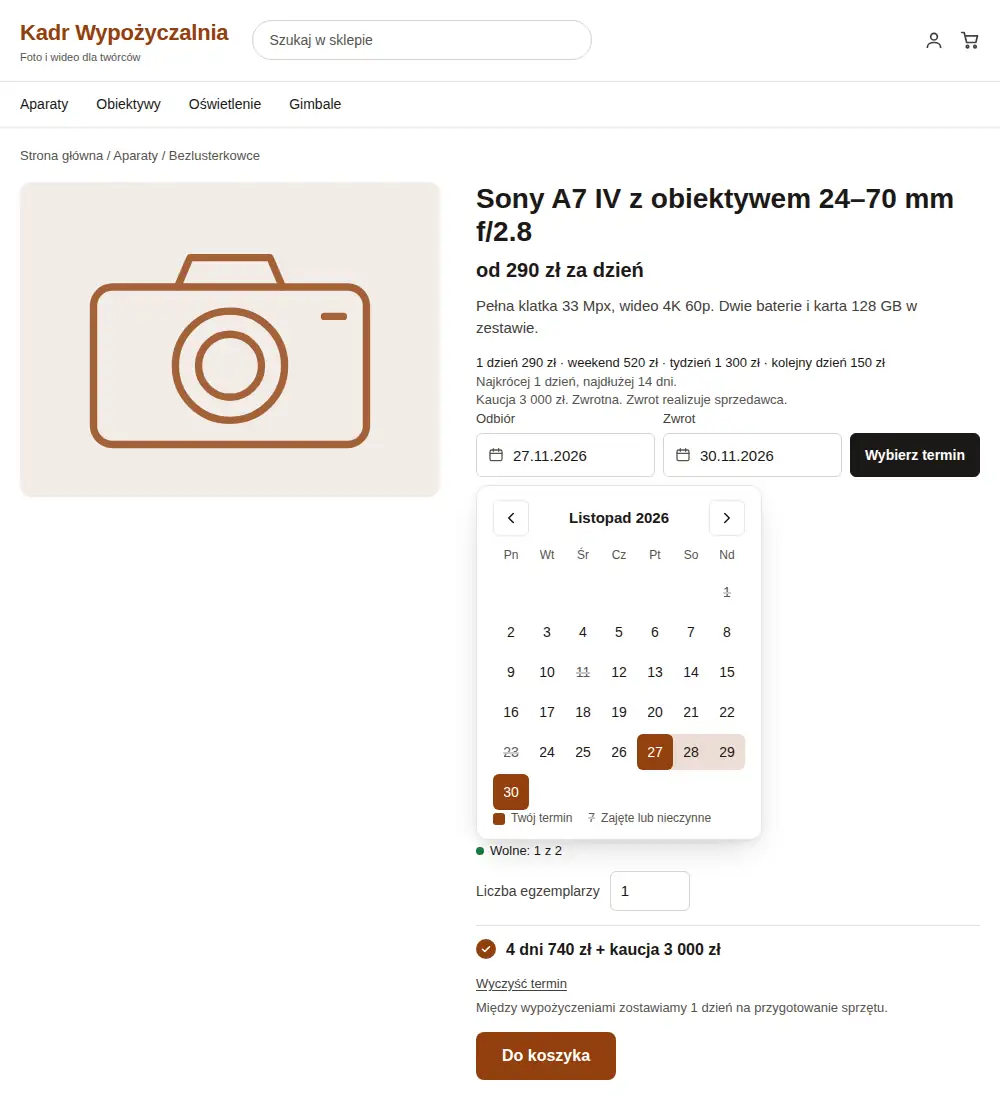 Aparat Sony z obiektywem w sklepie foto, kalendarz z polami od–do i ceną za 4 dni