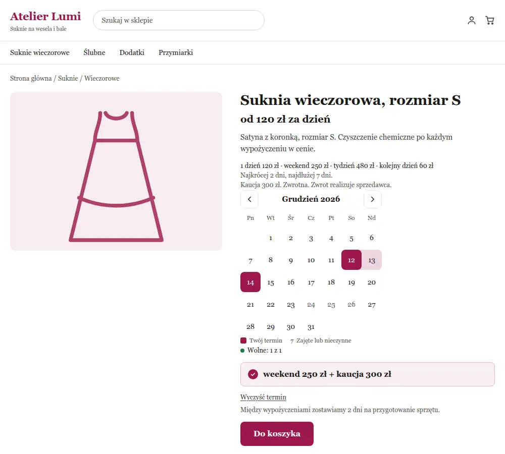 Suknia wieczorowa w sklepie z wypożyczalnią strojów, kalendarz grudnia z zaznaczonym weekendem