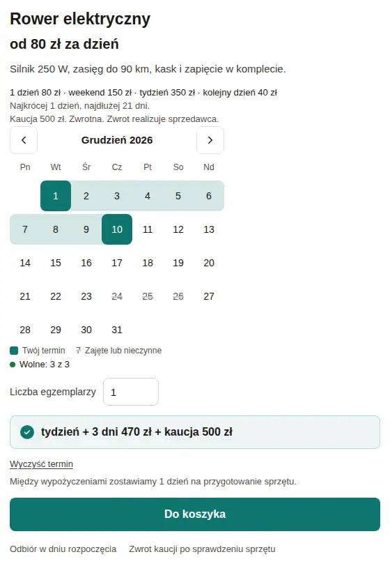 Rower elektryczny, termin 1–10 grudnia: tydzień plus 3 dni