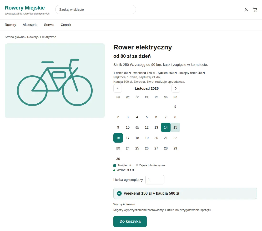 Karta produktu rower elektryczny w sklepie: kalendarz z zaznaczonym weekendem, cena 150 zł i kaucja 500 zł