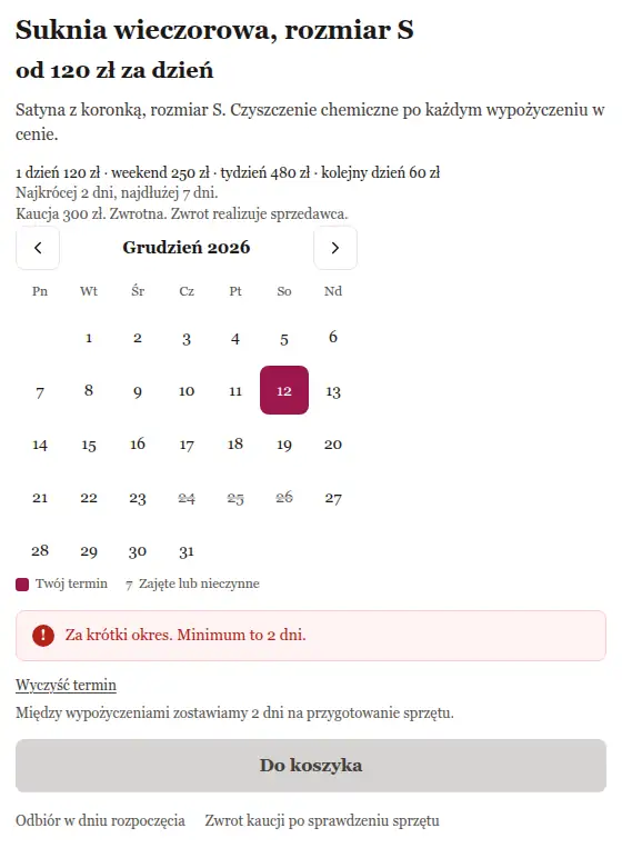 Suknia wieczorowa, komunikat „Za krótki okres. Minimum to 2 dni.”