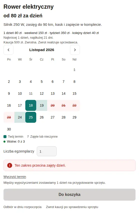 Rower elektryczny, komunikat „Ten zakres przecina zajęty dzień.”