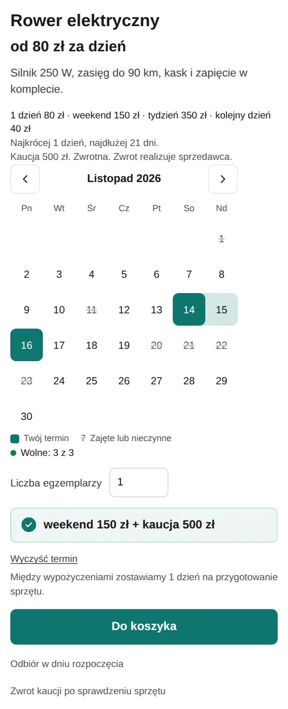 Karta produktu na telefonie, układ z miesiącem i zaznaczonym weekendem