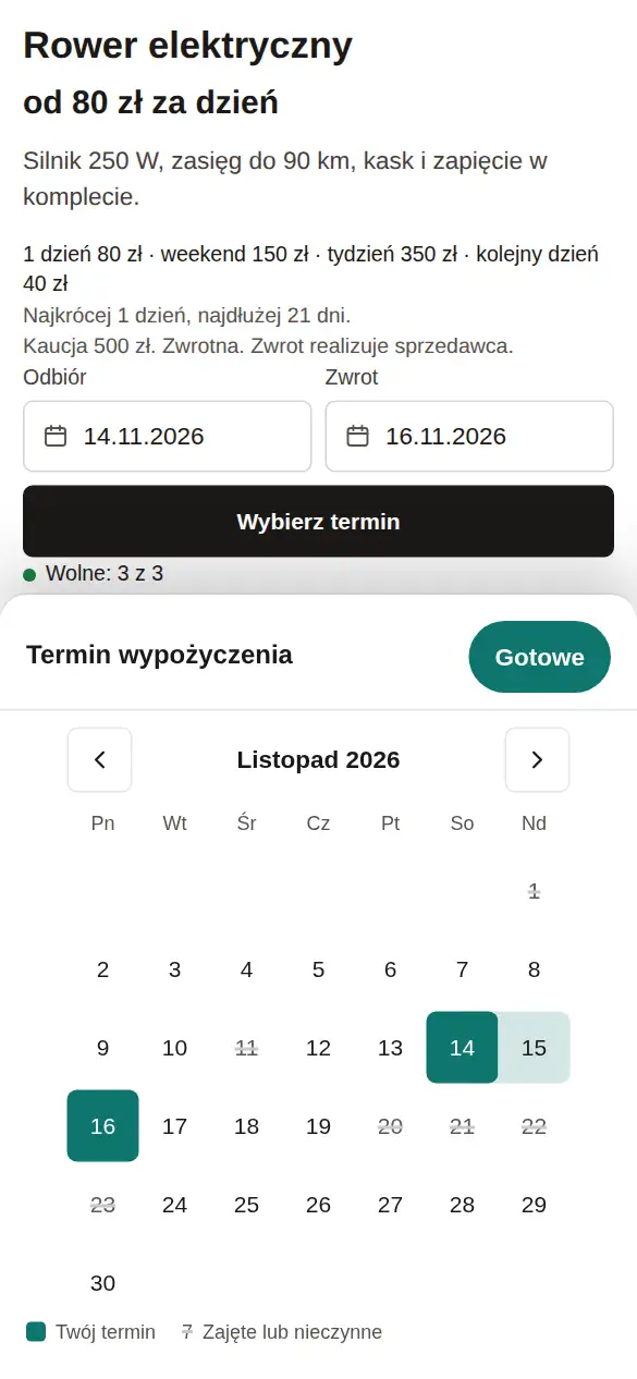 Karta produktu na telefonie, arkusz kalendarza z przyciskiem Gotowe