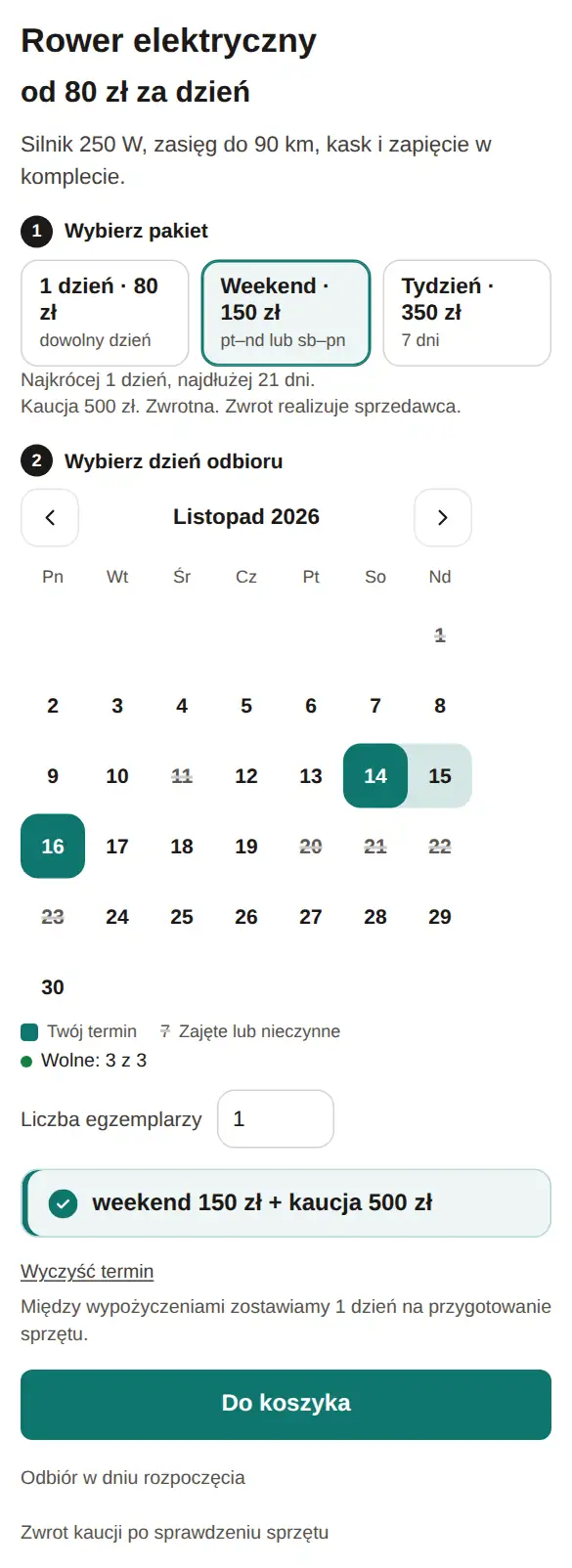 Karta produktu na telefonie, trzy pakiety i kalendarz dnia odbioru
