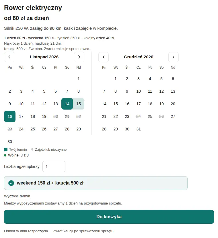 Rower elektryczny, układ z dwoma miesiącami, zaznaczony weekend 14–16 listopada