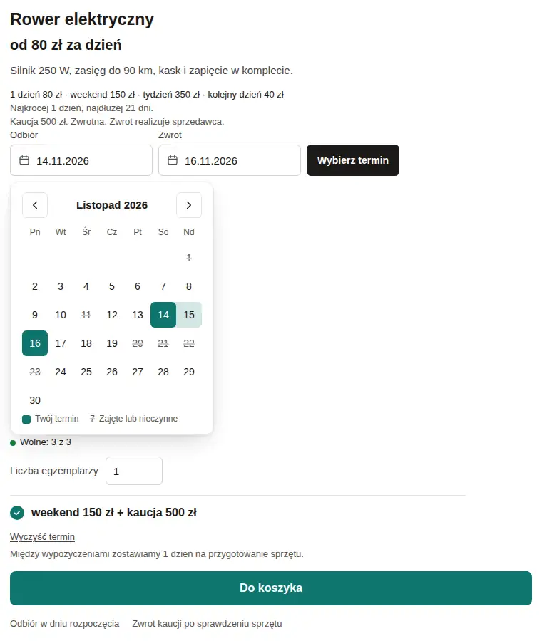 Rower elektryczny, pola odbioru i zwrotu z otwartym kalendarzem