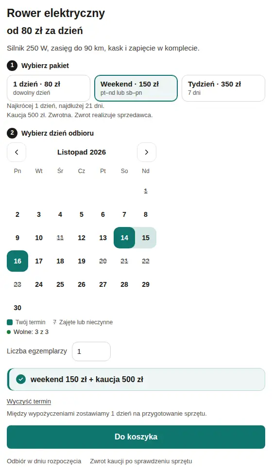 Rower elektryczny, kafelki pakietów z cenami i kalendarz dnia odbioru